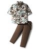 Rikidoos Full Sleeves Abstract Printed Shirt & Pant With Bow & Suspender Set - Beige & Brown