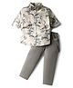 Rikidoos Full Sleeves Abstract Printed Shirt & Pant With Bow & Suspender Set - Light Fawn & Grey