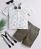 Fourfolds Cotton Blend Woven Half Sleeves Chevron Printed Shirt & Shorts With Suspender & Bow Set - Olive Green
