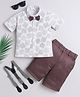 Fourfolds Cotton Blend Woven Half Sleeves Chevron Printed Shirt & Shorts With Suspender & Bow Set - Mauve