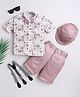 Fourfolds Cotton Blend Woven Half Sleeves Abstract Printed Shirt & Shorts With Cap Suspender & Bow Set - Peach