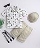 Fourfolds Cotton Blend Woven Half Sleeves Abstract Printed Shirt & Shorts With Cap Suspender & Bow Set - Beige