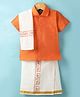 Dapper Dudes Half Sleeves Textured Shirt & Abstract Printed Mundu Lungi With Angavastram Set - Orange