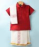 Dapper Dudes Half Sleeves Textured Shirt & Abstract Printed Mundu Lungi With Angavastram Set - Red