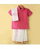 Dapper Dudes Half Sleeves Textured Shirt & Abstract Printed Mundu Lungi With Angavastram Set - Pink