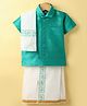 Dapper Dudes Half Sleeves Textured Shirt & Abstract Printed Mundu Lungi With Angavastram Set - Green