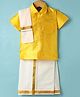 Dapper Dudes Half Sleeves Textured Shirt & Solid Mundu Lungi With Striped Foil Printed Angavastram Set - Yellow