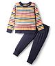 CrayonFlakes Cotton Knit Full Sleeves Striped Tee & Joggers Set - Blue