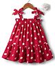 CrayonFlakes Rayon Woven Sleeveless Polka Dots Printed A Line Dress With Floral Applique Detailed Hair Clip - Red