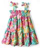CrayonFlakes Rayon Woven Sleeveless Floral Printed A Line Dress - Green & Pink