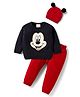 Babyhug Disney Woven Full Sleeves Sweater Set With Mickey Mouse Graphics & Cap - Navy Blue & Red
