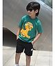 Nap Chief Cotton Knit Disney Featuring Half Sleeves Sunset Printed Oversized Tee & Cargo Shorts Set - Dark Green
