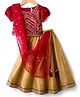 Babyhug Brocade Woven Puff Sleeves Choli Lehenga & Dupatta Set with Floral Embroidery - Red & Beige