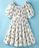 Kookie Kids Viscose Rayon Woven Three Fourth Sleeves Fit & Flare Dress with Floral Print - White