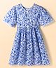 Kookie Kids Cotton Woven Butterfly Half Sleeves Front Open Frock With Floral Print & Lace Detailing - Blue & White