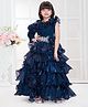 Tiny Kingdom Satin Woven Full Sleeves  Floral Applique & Stone Embellished Layered Gown - Blue