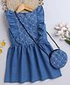 Bright Stars KIDSWEAR Cotton Denim Sleeveless Pearls Embellished & Thread Work Embroidered Dress With Coordinating Bag Set - Blue
