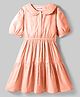Kookie Kids Woven Half Puffed Sleeves Front Open Flared Dress with Peter Pan Collar & Checks - Light Orange