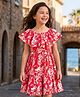 Kookie Kids Viscose Woven Sleeveless Flared Dress With Neck Frill & Floral Print - Red