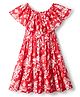 Kookie Kids Viscose Woven Sleeveless Flared Dress With Neck Frill & Floral Print - Red