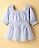 Kookie Kids Cotton Woven Three Fourth Sleeves Peplum Top with Yarn Dyed Stripes & Smocking Detailing - Light Blue
