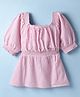 Kookie Kids Cotton Woven Three Fourth Sleeves Peplum Top with Yarn Dyed Stripes & Smocking Detailing - Pink