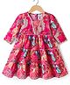 Babyhug 100% Cotton Woven Three Forth Sleeves Floral Printed Sequinned Tiered Ethnic Dress - Fuchsia