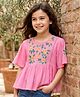 Kookie Kids Cotton Woven Crepe Half Butterfly Sleeves Top with Floral Embroidery - Pink