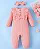 Mark & Mia Full Sleeves Winter Wear Solid Romper With Bow Applique & Headband - Pink