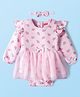 Babyhug 100% Cotton Interlock Knit Full Sleeves Frock Style Onesie with Frill Detailing Floral Print Bow Applique & Hairband - Pink