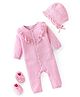 Babyhug 100 % Cotton Full Sleeves Solid Coloured Romper With cap & Booties Set With Lace Detailing - Pink