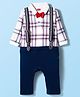 Babyhug Interlock Knit Full Sleeves Checks Party Romper With Bow Applique & Suspender - Navy Blue & White