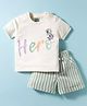 Mini Taurus Sinker Knit Half Sleeves T-Shirt & Striped Shorts Set With Hero Print - Green
