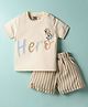 Mini Taurus Sinker Knit Half Sleeves T-Shirt & Striped Shorts Set With Hero Print - Brown