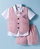 Mini Taurus Cotton Woven Half Sleeves 3 Piece Party Suit with Bow Applique & Giraffe Embroidery - Pink