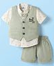 Mini Taurus Cotton Woven Half Sleeves 3 Piece Party Suit with Bow Applique & Giraffe Embroidery - Olive Green