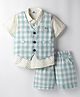 Mini Taurus Cotton Woven Half Sleeves 3 Piece Party Suit with Bow Applique & Checks - Light Blue
