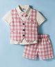 Mini Taurus Cotton Woven Half Sleeves 3 Piece Party Suit with Bow Applique & Checks - Light Red
