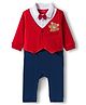 Babyhug Interlock Knit Full Sleeves Party Romper with Attached Waist Coat & Bow & Bear Patch - Red & Navy Blue