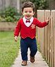 Babyhug Interlock Knit Full Sleeves Party Romper with Attached Waist Coat & Bow & Bear Patch - Red & Navy Blue