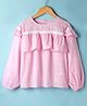 Kookie Kids Cotton Woven Full Sleeves Dobby Top with Frill Detailing & Lace Detailing - Pink