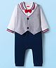 Babyhug Interlock Knit Full Sleeves Party Romper With Attached Waistcoat & Bow Applique - Multicolor