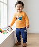 Babyoye 100% Cotton Terry Knit Full Sleeves T-Shirt & Joggers Set With Penguin Print & Text Embroidery - Light Orange & Navy Blue