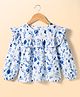 Kookie Kids Woven Full Sleeve Top with Neck Frill Lace Detailing & Floral Print - White & Light Blue