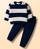 Doodle Poodle Jacquard Knitted Full Sleeves Sweater Set with Stripe Design - Navy Blue