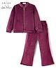Arias Corduroy Knit Full Length Solid Color Front Open Jacket With Flared Pants Set - Wine