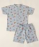 BABY CLOSET Pure Cotton Woven Half Sleeves Dinosaurs Printed Coordinating Mandarin Collar Shirt & Shorts Set - Blue