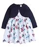 Funshine Cotton Blend Woven Three Fourth Sleeves Butterfly Printed Attached Shrug Dress - Navy Blue