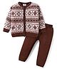 Doodle Poodle Knit Full Sleeves Front Open Sweater Set with Jaquard Knit Design - Brown