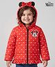 Babyhug Disney Woven Full Sleeves Hooded Winter Jacket With Minnie & Friends Graphics & Ear Bow Applique - Red